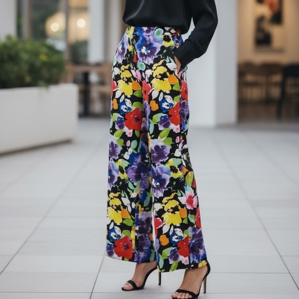 Lauren Ralph Lauren Black Wide Leg Floral Pants with Multicolor Print